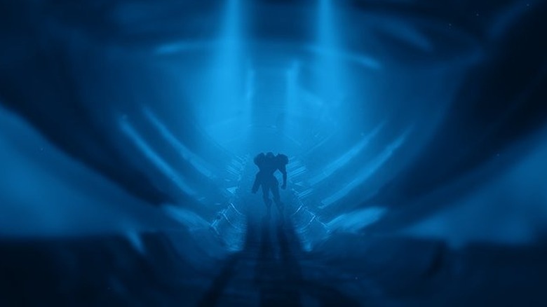 samus in dark blue hallway