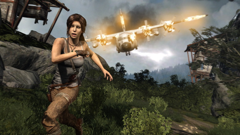 Lara running from burning plane