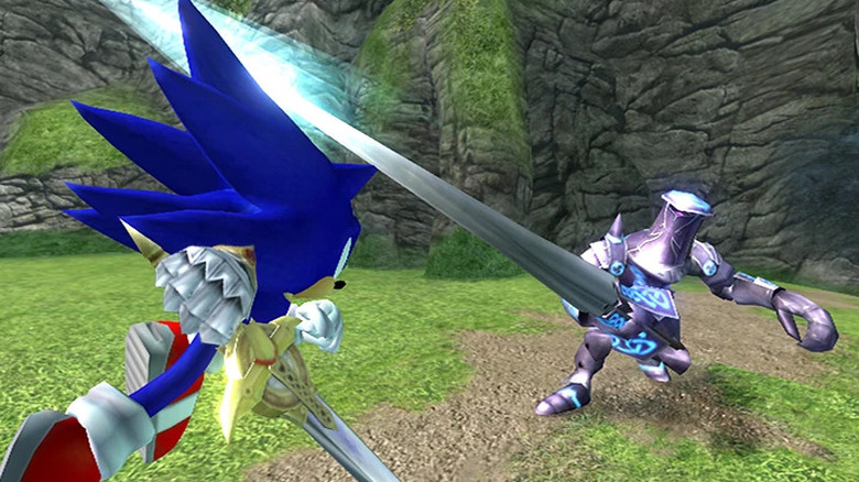 sonic attacking a knight with a sword