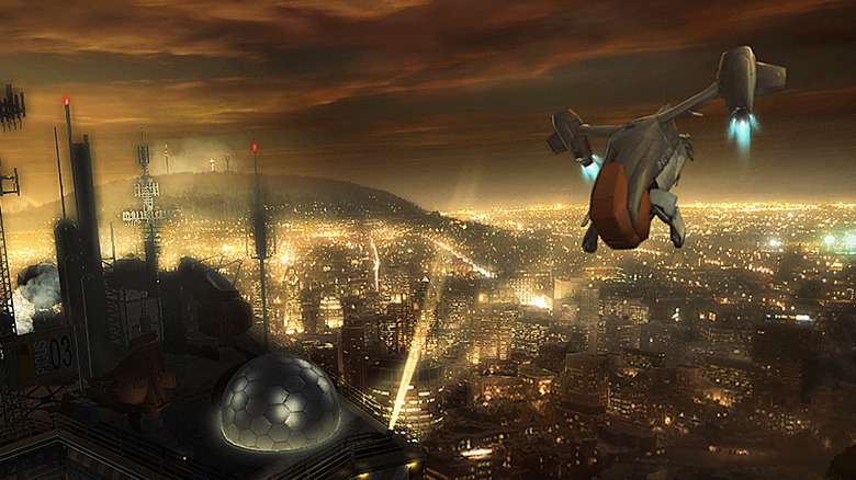 deus ex human revolution aircraft flying over city