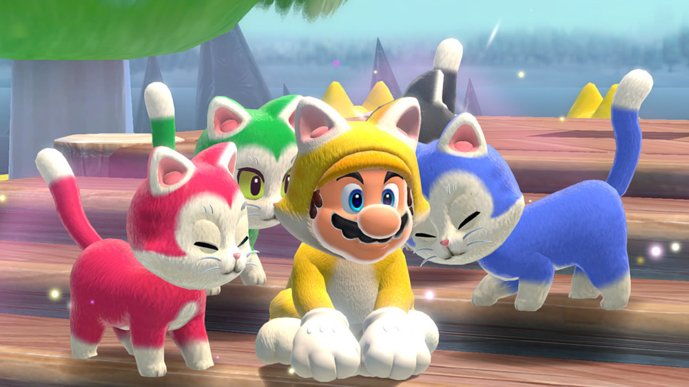 mario as a cat, surrounded by cats