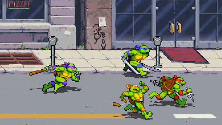 Shredder's Revenge Turtles running down street