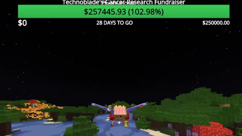 Technoblade's Minecraft character flying with full donation counter overhead