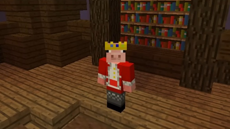 Technoblade's Minecraft character standing next to bookshelf