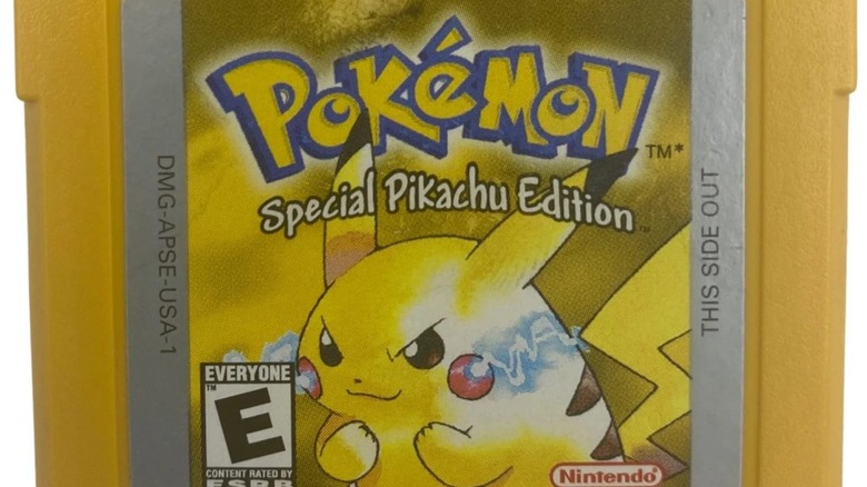 A closeup of the cartridge for "Pokémon Yellow Version"