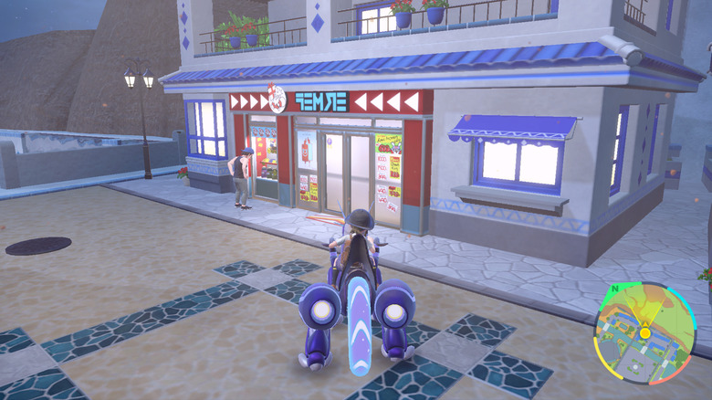 A trainer standing outside of a Delibird Presents Shop in "Pokémon Violet"