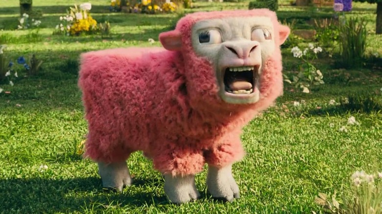 A sheep screams at the camera in A Minecraft Movie