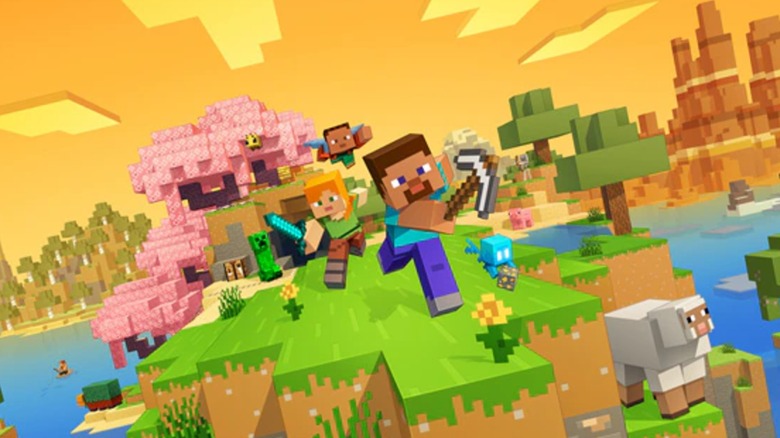 Minecraft protagonists rush into battle at the edge of a cliff