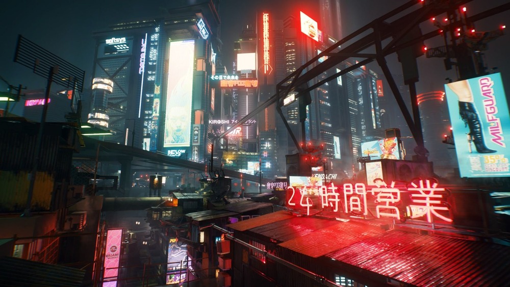 Cyberpunk 2077's setting featuring bright colors and ads.