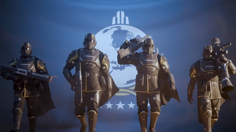 Helldivers walking in front of flag