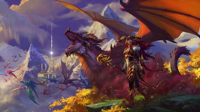 Concept art showing Alexstrasza, a character from World of Warcraft, standing on a mountain with several dragons flying towards a castle in the distance.