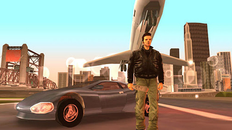 Claude poses by his car in front of Liberty City