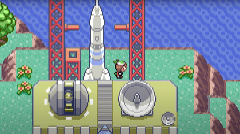 Player character next to rocket ship in Pokémon Emerald