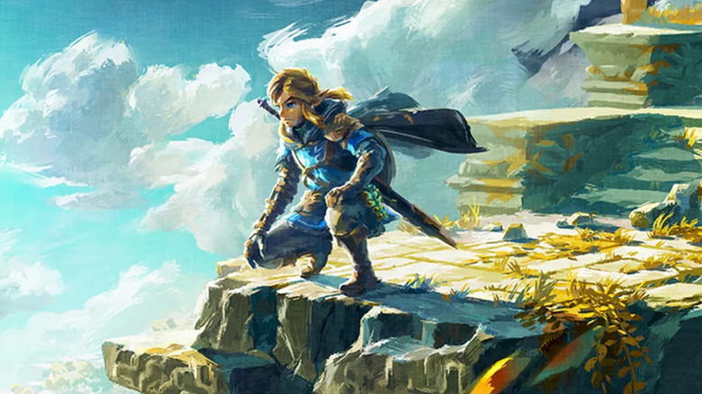 Stylized drawing of Link crouching on mountain ledge